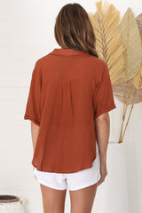 Shelly Shirt - Linen Collared Button Down Shirt in Rust