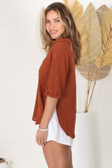 Shelly Shirt - Linen Collared Button Down Shirt in Rust