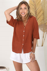 Shelly Shirt - Linen Collared Button Down Shirt in Rust