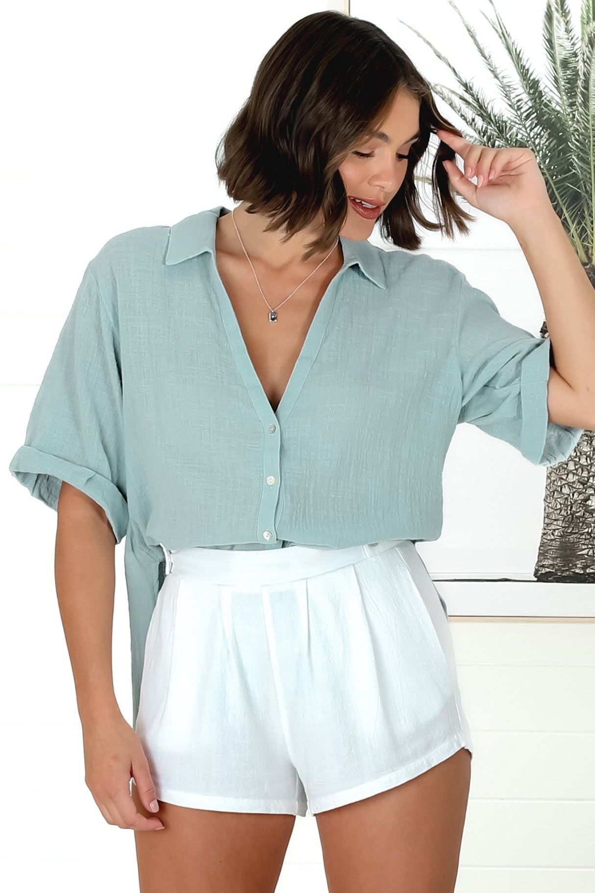 Shelly Shirt - Linen Collared Button Down Shirt in Sky Blue