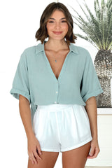 Shelly Shirt - Linen Collared Button Down Shirt in Sky Blue