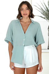 Shelly Shirt - Linen Collared Button Down Shirt in Sky Blue