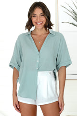 Shelly Shirt - Linen Collared Button Down Shirt in Sky Blue