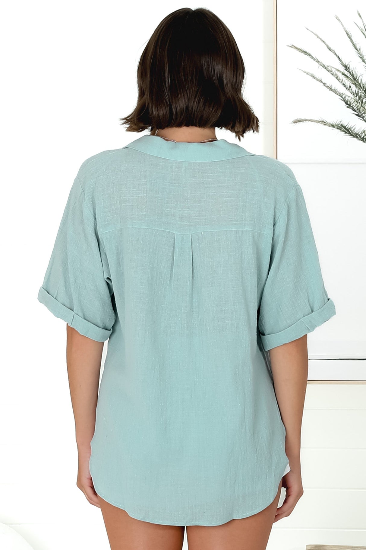 Shelly Shirt - Linen Collared Button Down Shirt in Sky Blue