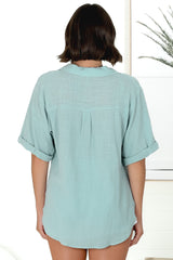 Shelly Shirt - Linen Collared Button Down Shirt in Sky Blue