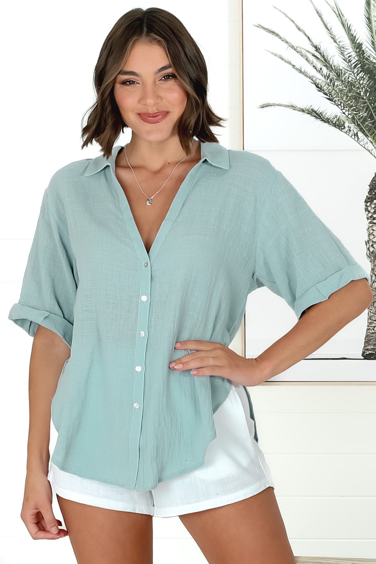 Shelly Shirt - Linen Collared Button Down Shirt in Sky Blue