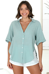 Shelly Shirt - Linen Collared Button Down Shirt in Sky Blue