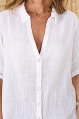 Shelly Shirt - Linen Collared Button Down Shirt in White