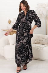 Sheridan Maxi Dress - Gold Buttoned Bodice Long Balloon Sleeve Dress in Elura Print