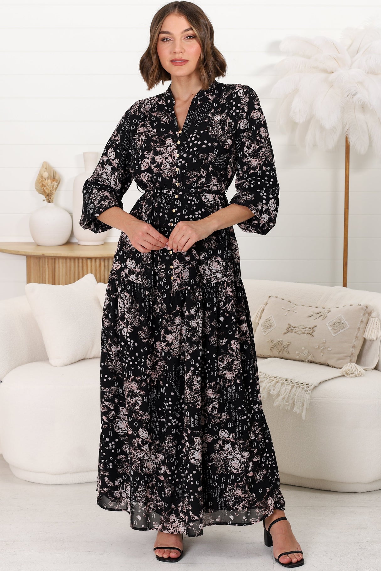 Sheridan Maxi Dress - Gold Buttoned Bodice Long Balloon Sleeve Dress in Elura Print