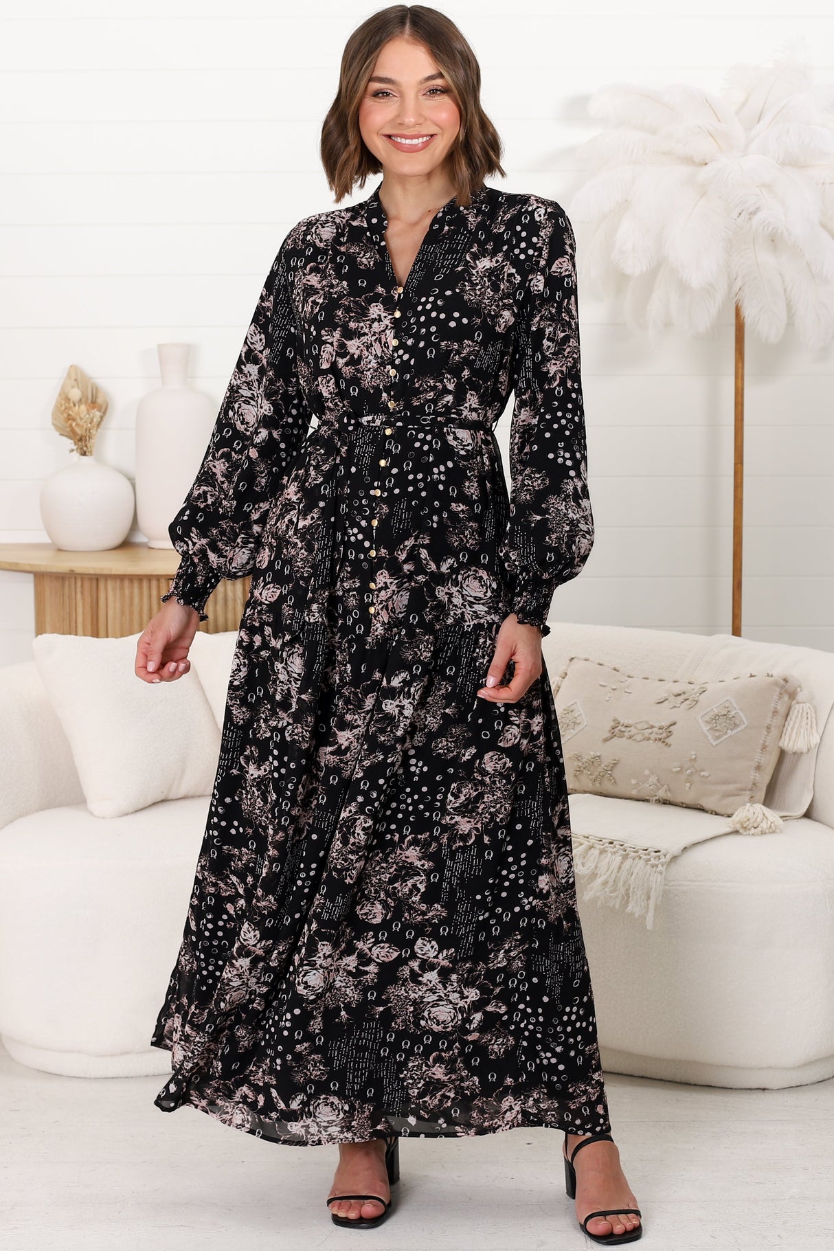 Sheridan Maxi Dress - Gold Buttoned Bodice Long Balloon Sleeve Dress in Elura Print