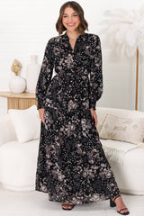 Sheridan Maxi Dress - Gold Buttoned Bodice Long Balloon Sleeve Dress in Elura Print