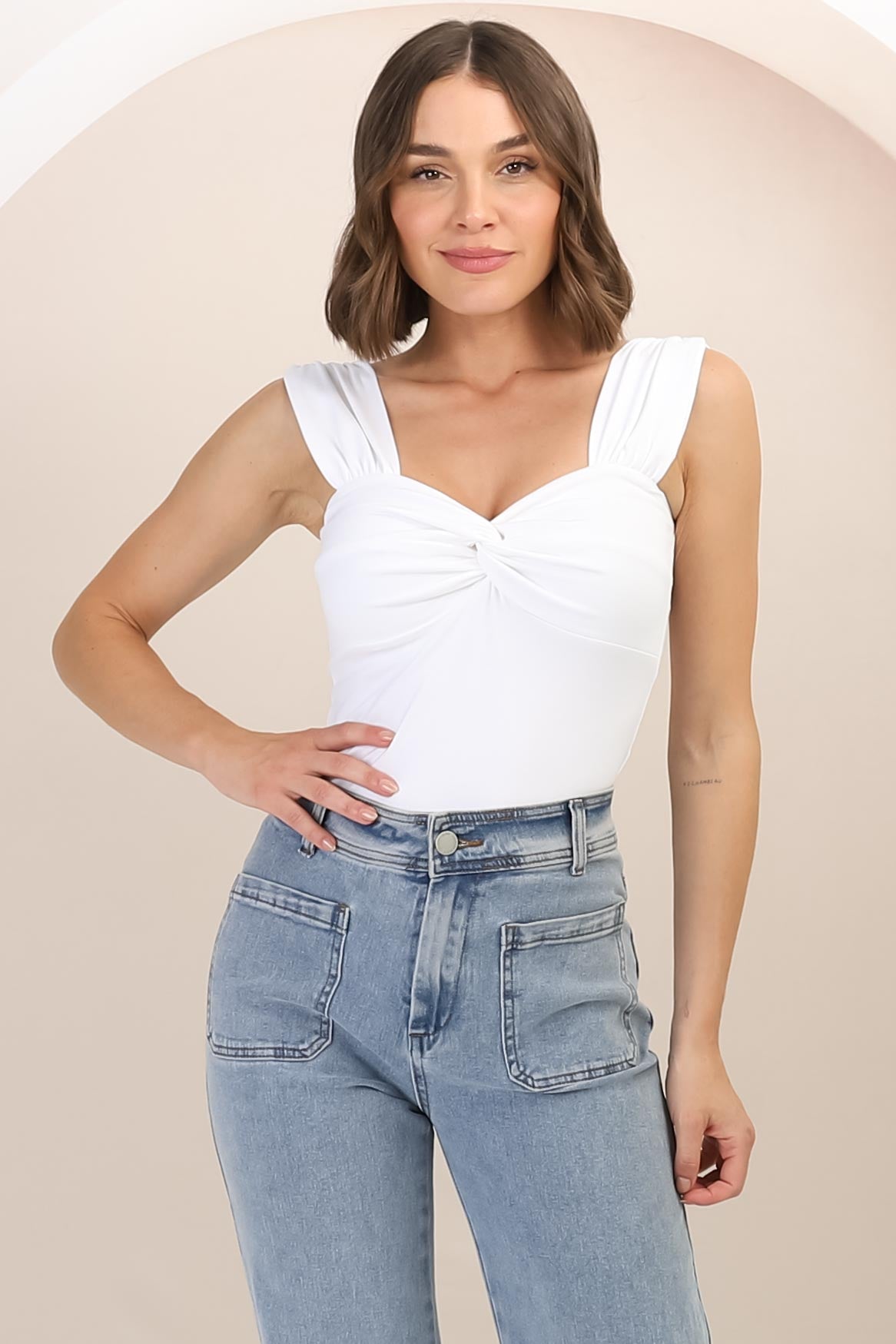 Sheyla Top - Sweetheart Neckline Gathered Bust Top in White