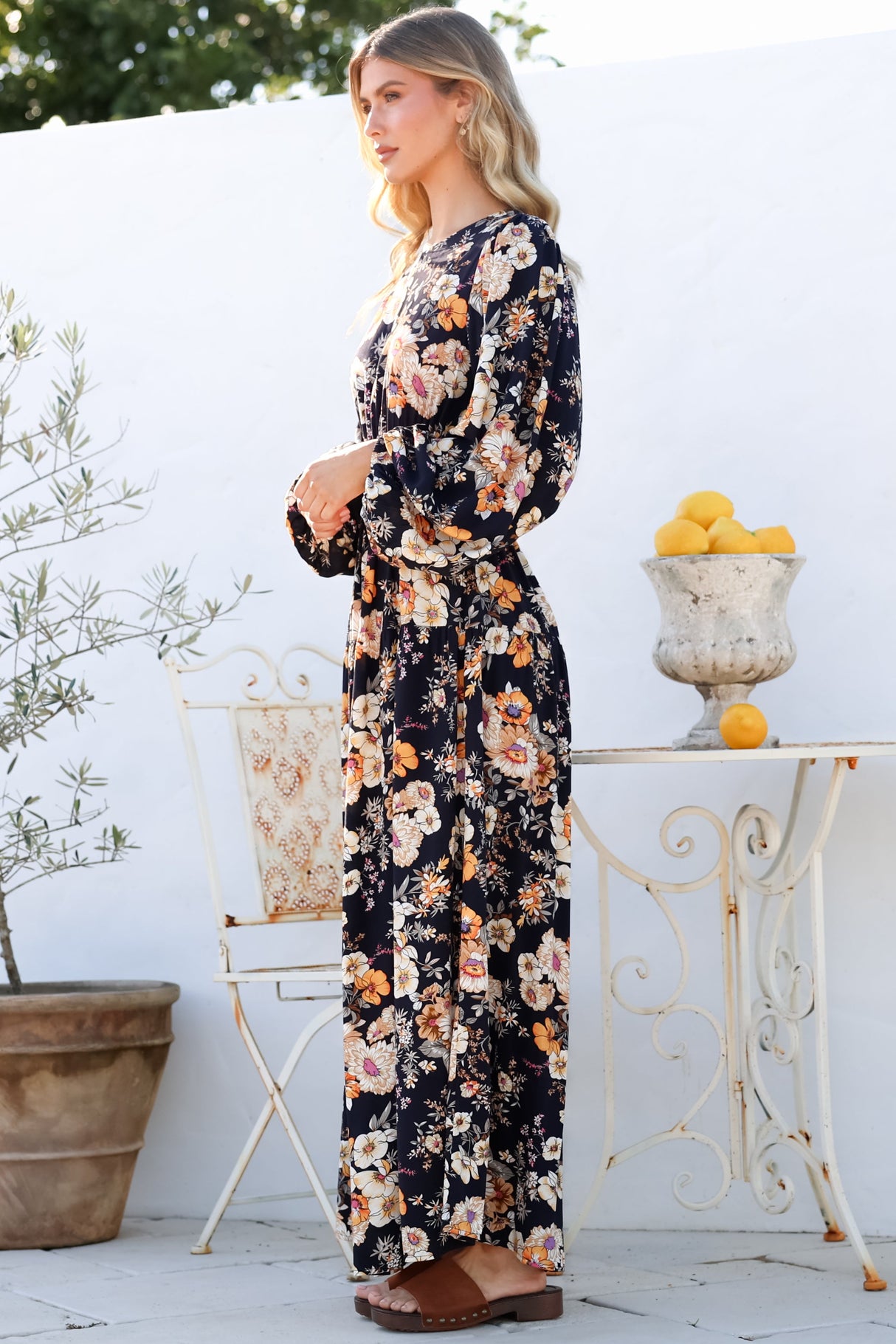 Sheyne Maxi Dress - Long Balloon Sleeve Elasicated Waist A Line Dress in Autumn Print