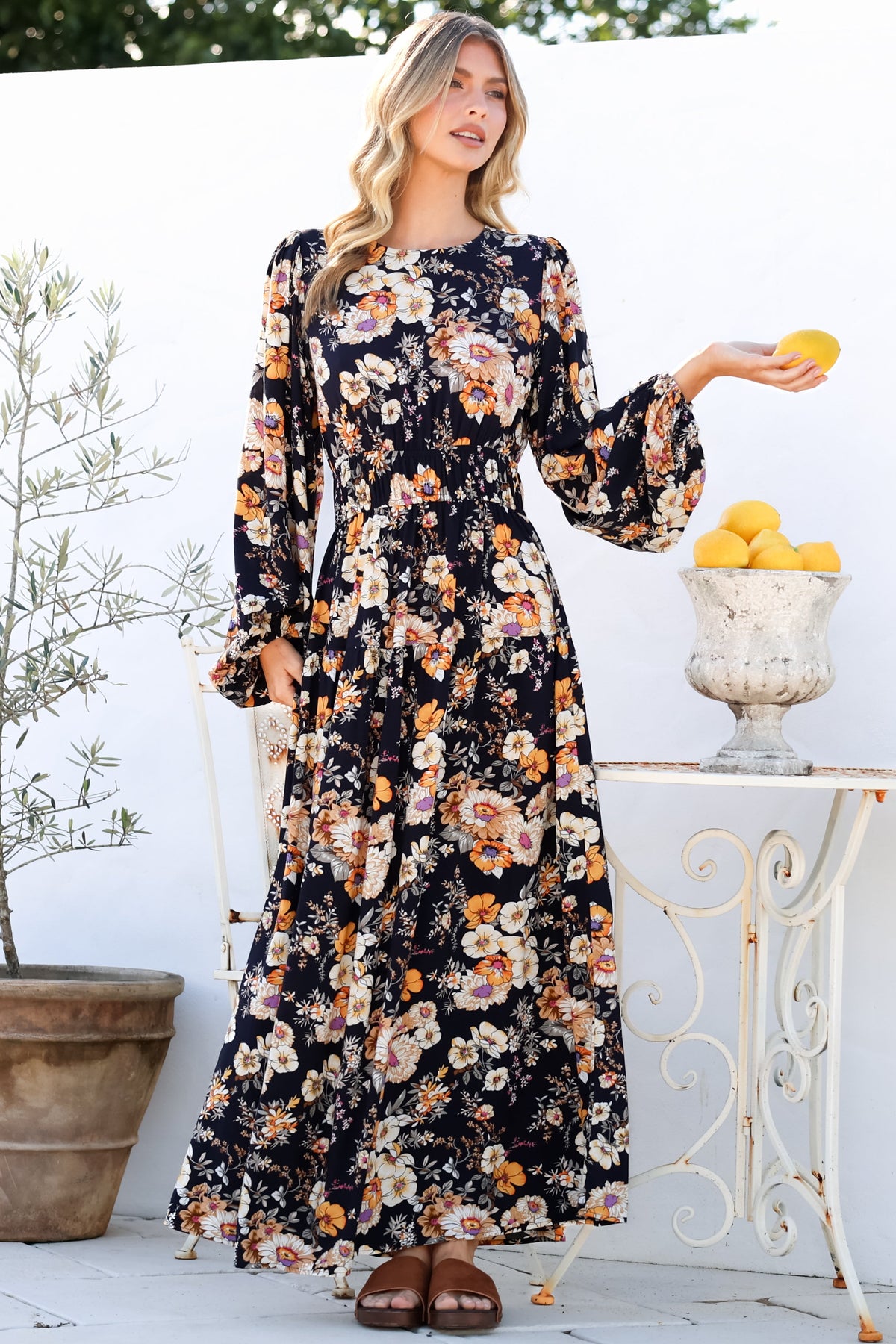 Sheyne Maxi Dress Long Balloon Sleeve Elasicated Waist Line Dress Autumn Print