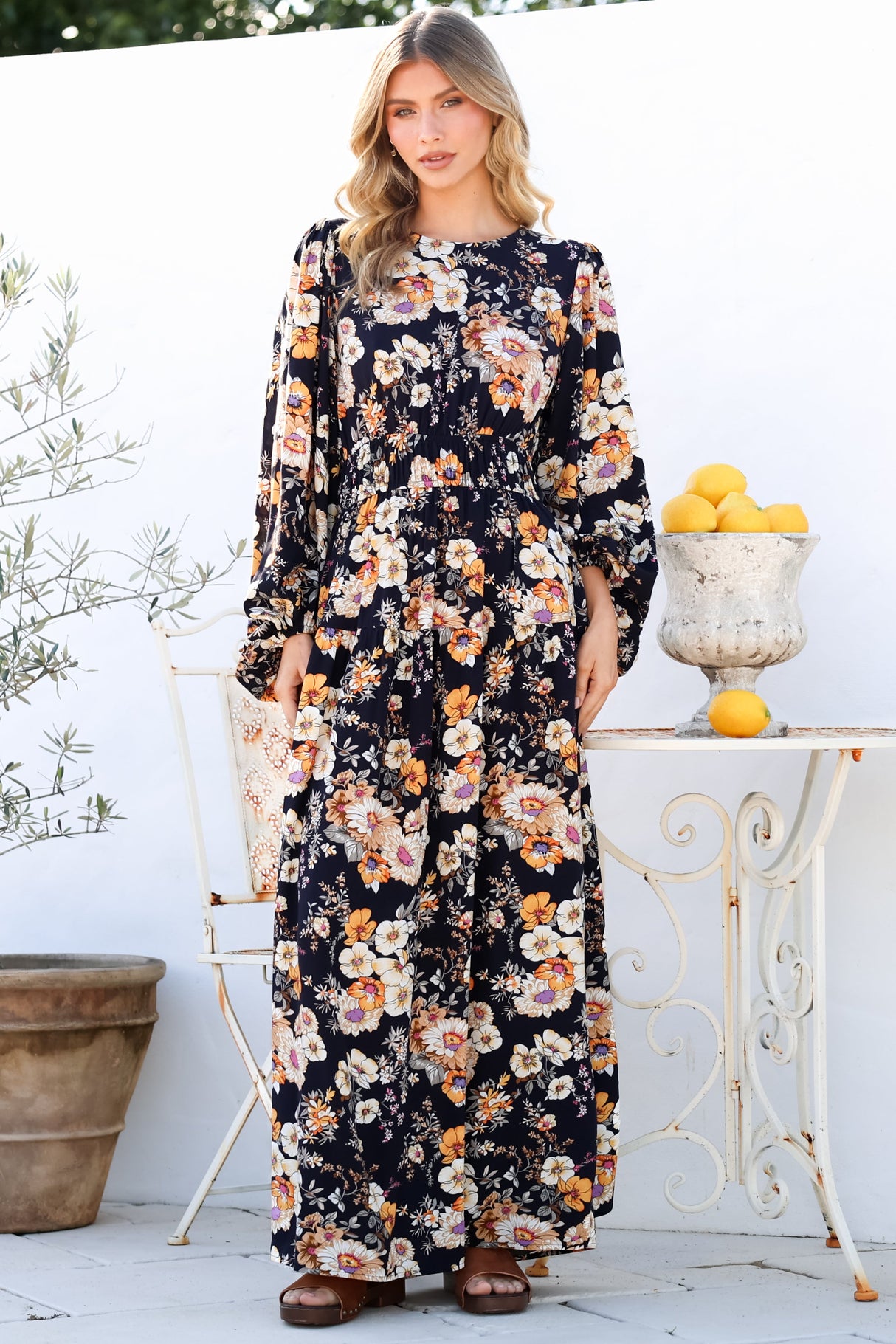 Sheyne Maxi Dress - Long Balloon Sleeve Elasicated Waist A Line Dress in Autumn Print