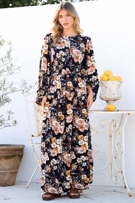 Sheyne Maxi Dress - Long Balloon Sleeve Elasicated Waist A Line Dress in Autumn Print