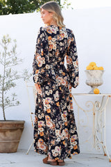 Sheyne Maxi Dress - Long Balloon Sleeve Elasicated Waist A Line Dress in Autumn Print