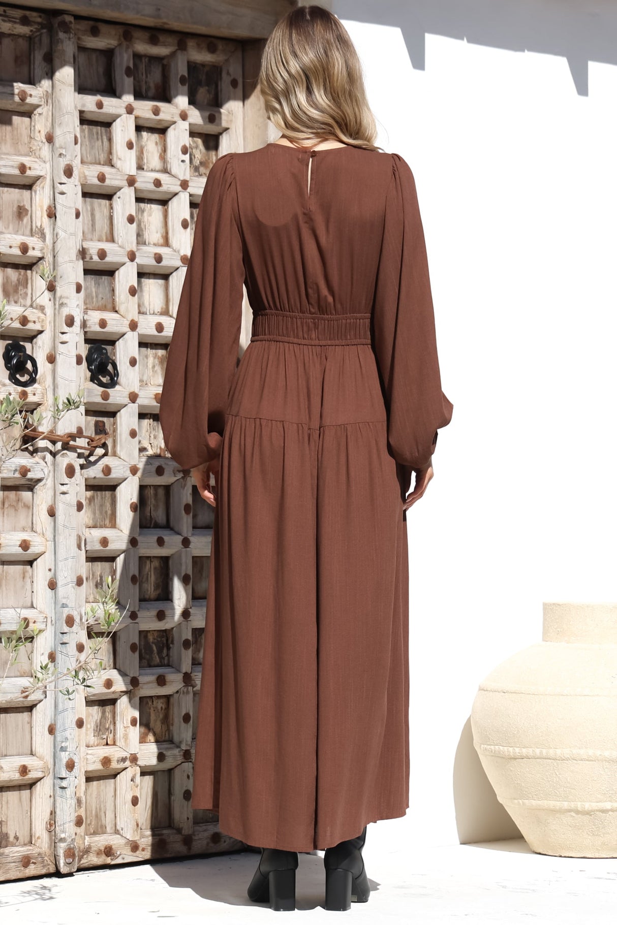 Sheyne Maxi Dress - Long Balloon Sleeve Elasticated Waist A Line Dress in Brown