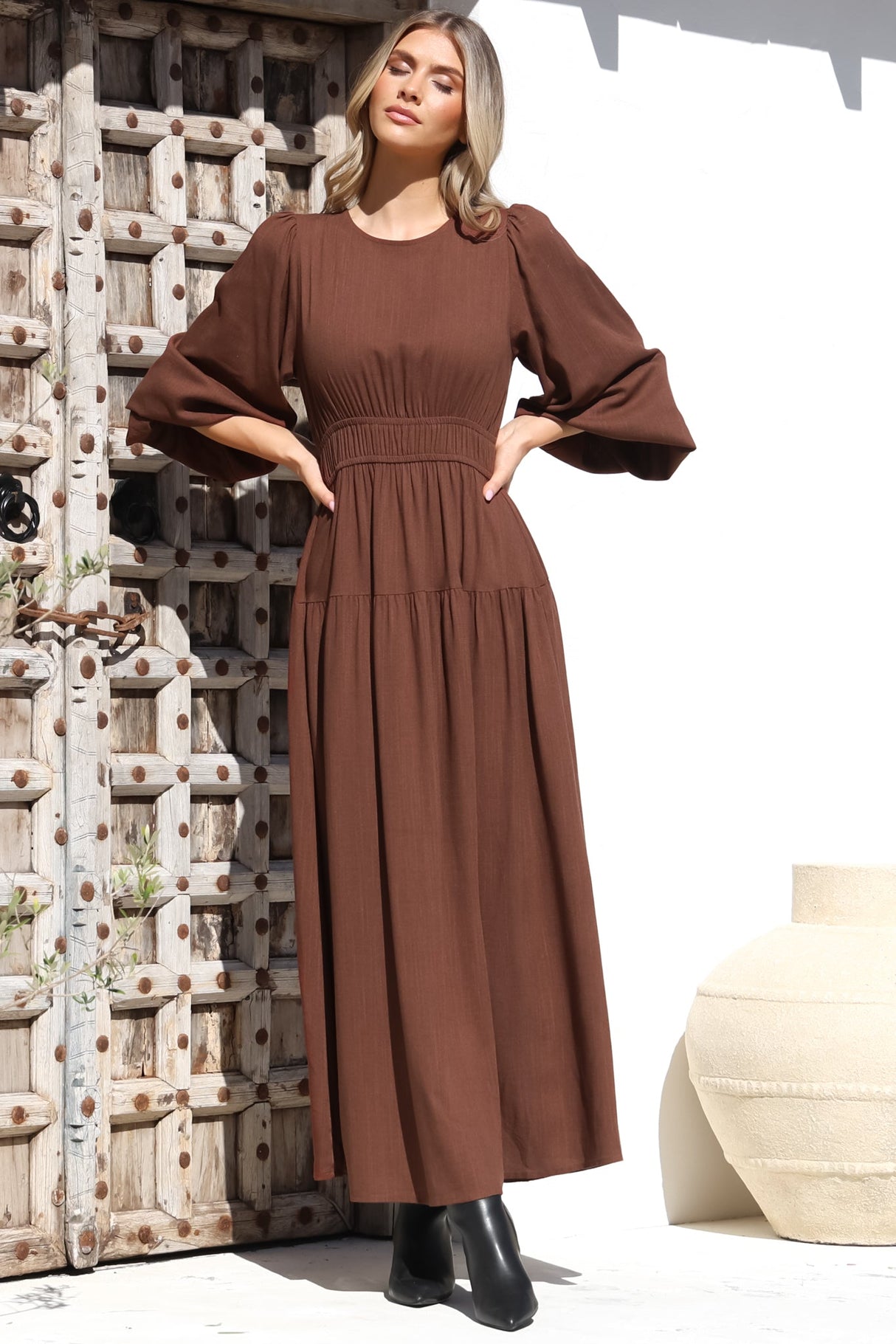 Sheyne Maxi Dress - Long Balloon Sleeve Elasticated Waist A Line Dress in Brown