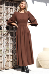 Sheyne Maxi Dress - Long Balloon Sleeve Elasticated Waist A Line Dress in Brown