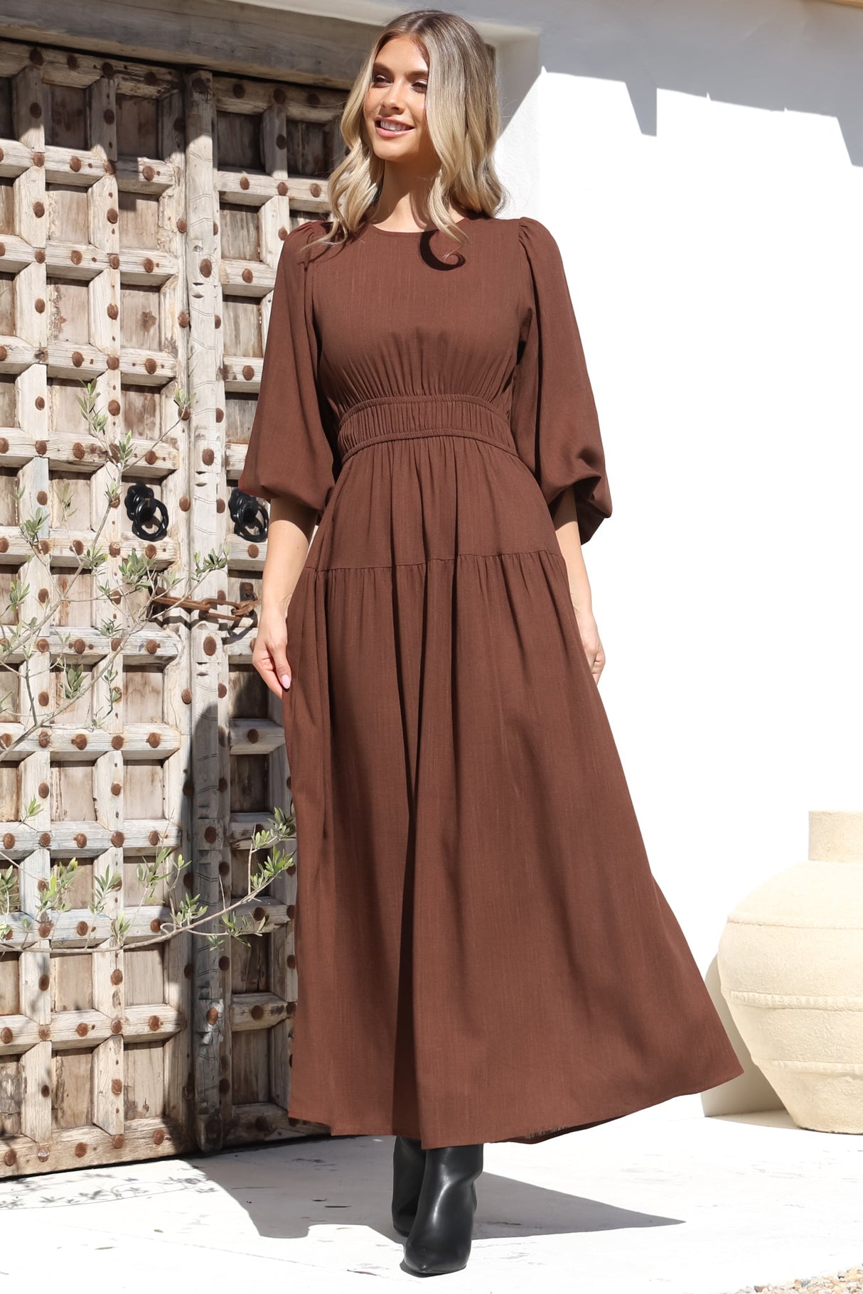 Sheyne Maxi Dress - Long Balloon Sleeve Elasticated Waist A Line Dress in Brown