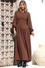 Sheyne Maxi Dress - Long Balloon Sleeve Elasticated Waist A Line Dress in Brown