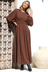 Sheyne Maxi Dress - Long Balloon Sleeve Elasticated Waist A Line Dress in Brown