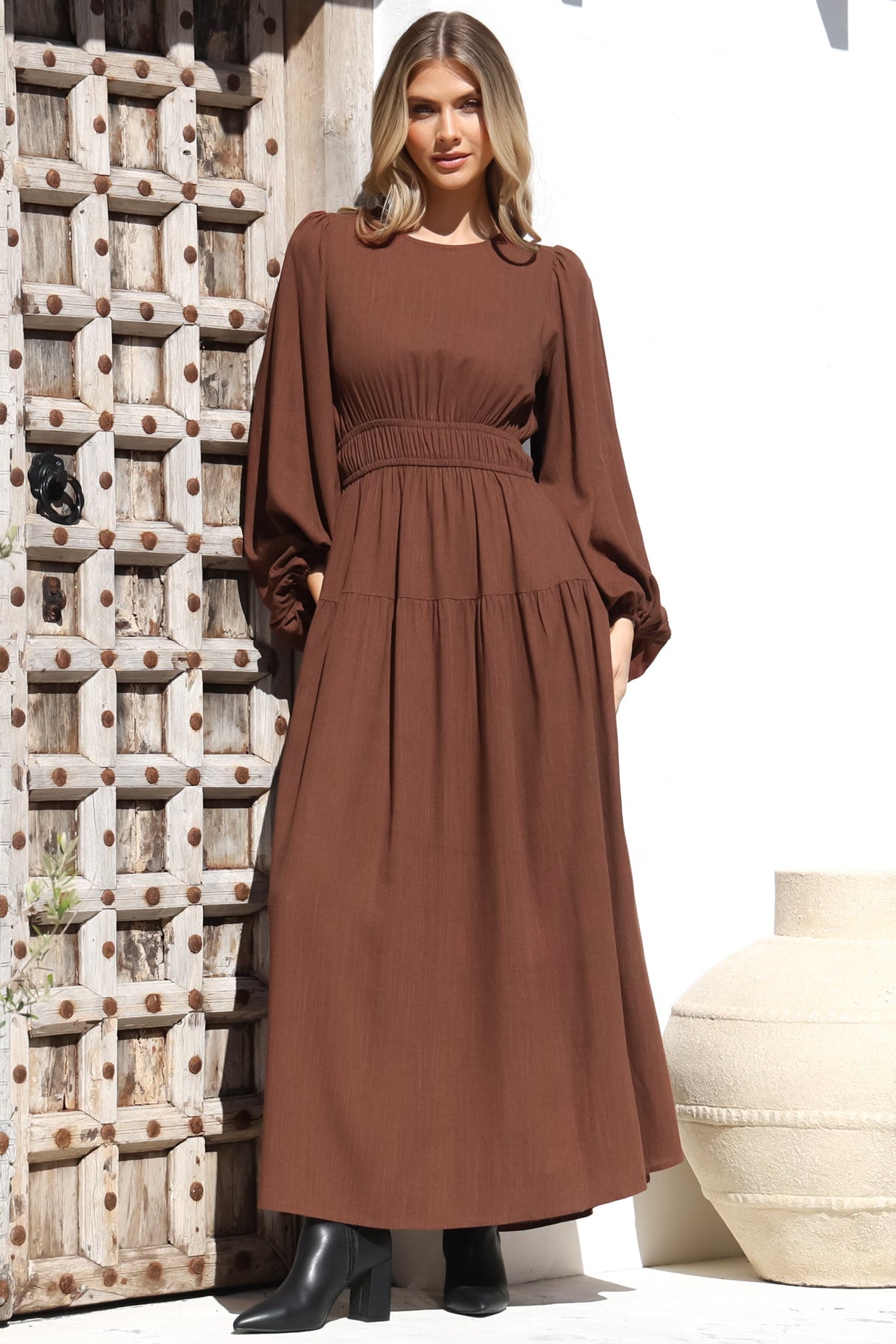 Sheyne Maxi Dress - Long Balloon Sleeve Elasticated Waist A Line Dress in Brown
