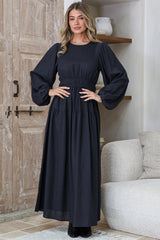 Sheyne Maxi Dress - Long Balloon Sleeve Elasicated Waist A Line Dress in Navy