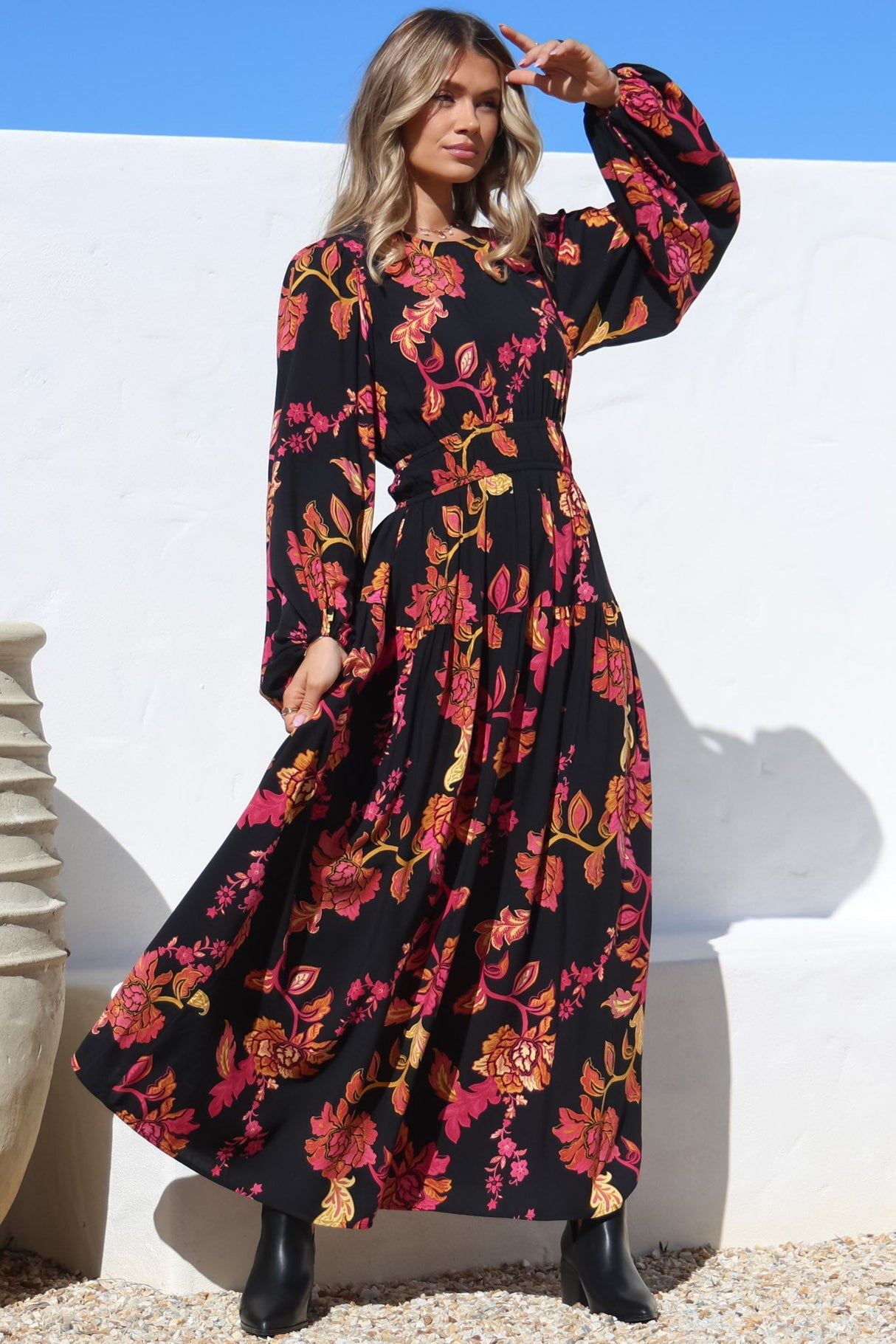 Sheyne Maxi Dress - Long Balloon Sleeve Elasticated Waist A Line Dress in Valerie Print