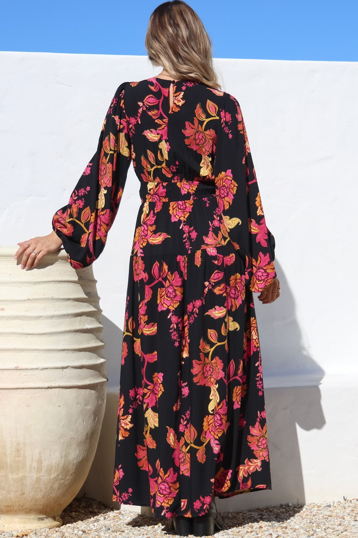 Sheyne Maxi Dress - Long Balloon Sleeve Elasticated Waist A Line Dress in Valerie Print