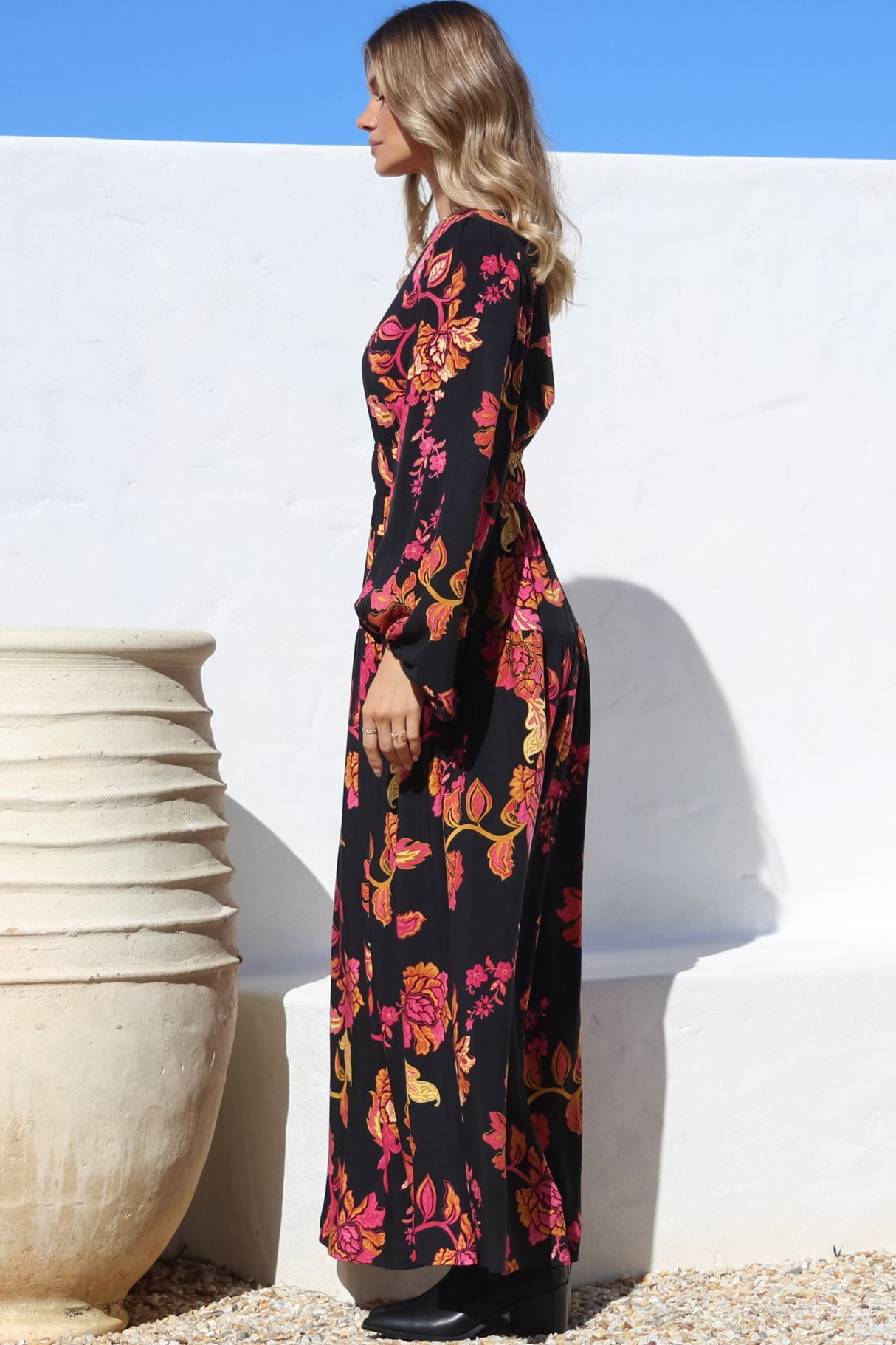 Sheyne Maxi Dress - Long Balloon Sleeve Elasticated Waist A Line Dress in Valerie Print