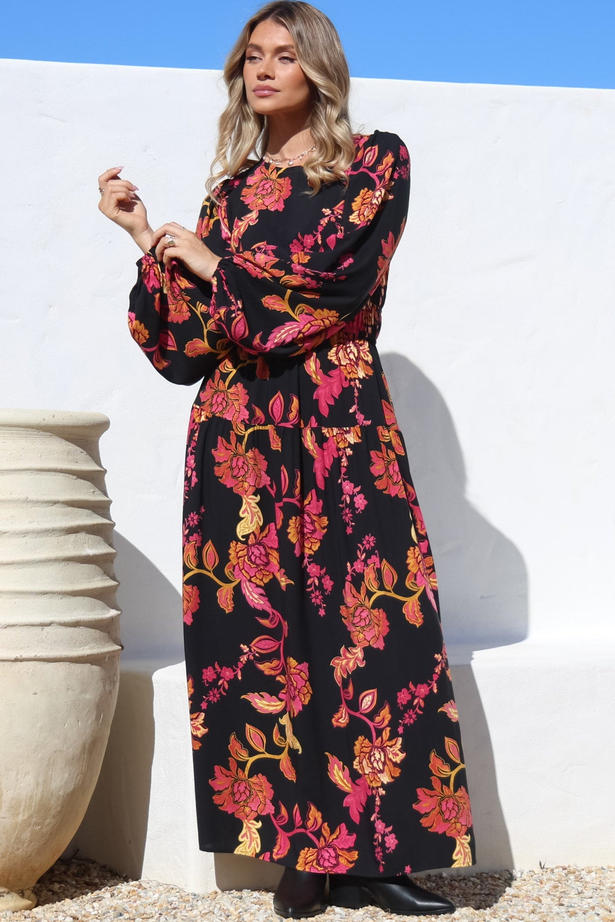 Sheyne Maxi Dress - Long Balloon Sleeve Elasticated Waist A Line Dress in Valerie Print