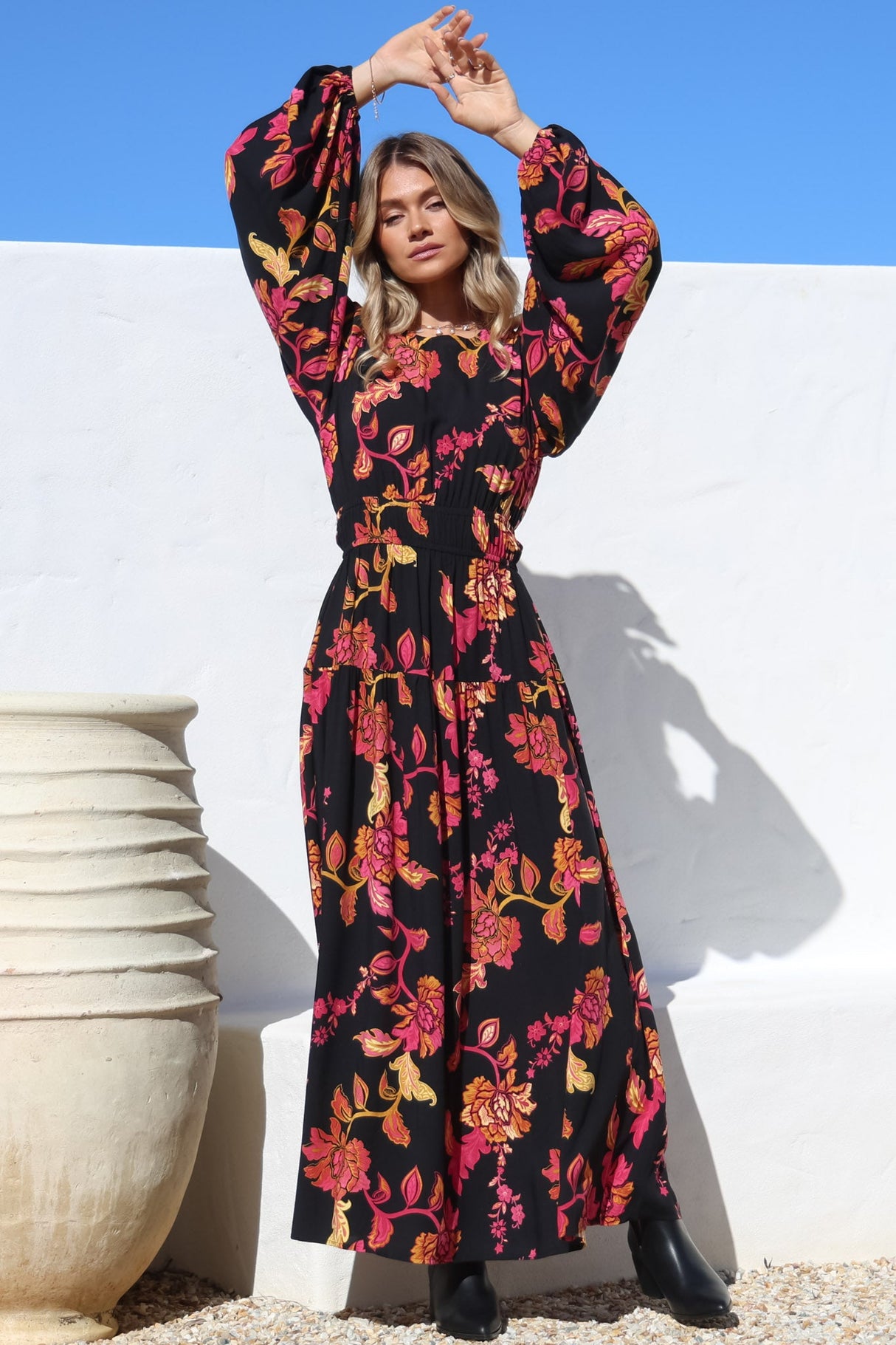 Sheyne Maxi Dress - Long Balloon Sleeve Elasticated Waist A Line Dress in Valerie Print