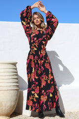 Sheyne Maxi Dress - Long Balloon Sleeve Elasticated Waist A Line Dress in Valerie Print
