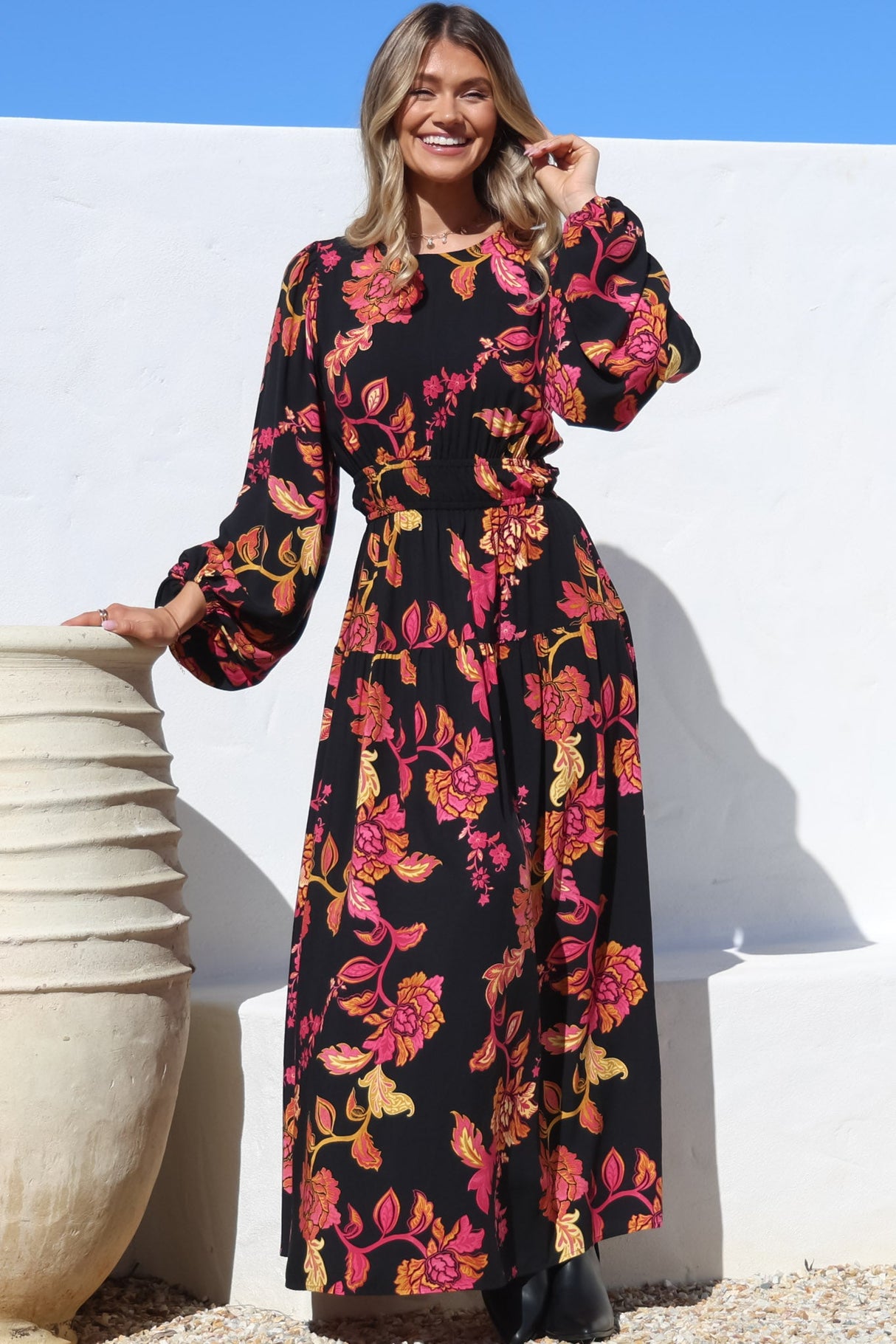 Sheyne Maxi Dress - Long Balloon Sleeve Elasticated Waist A Line Dress in Valerie Print