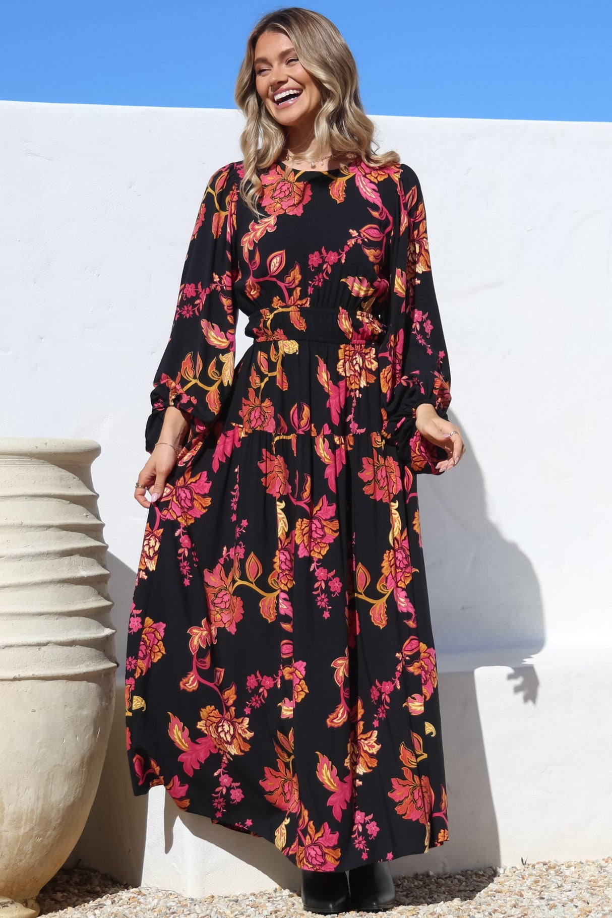 Sheyne Maxi Dress - Long Balloon Sleeve Elasticated Waist A Line Dress in Valerie Print