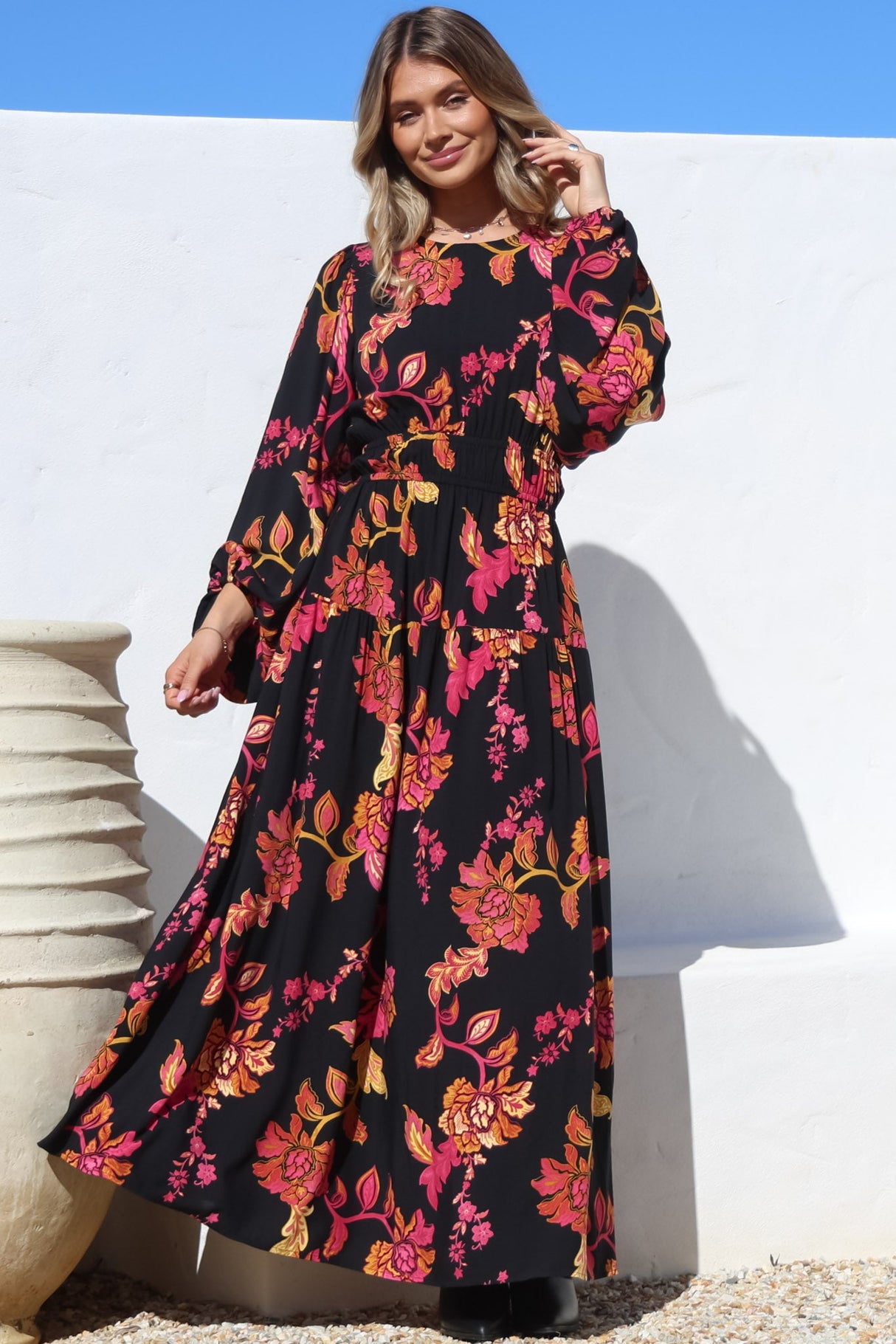 Sheyne Maxi Dress - Long Balloon Sleeve Elasticated Waist A Line Dress in Valerie Print