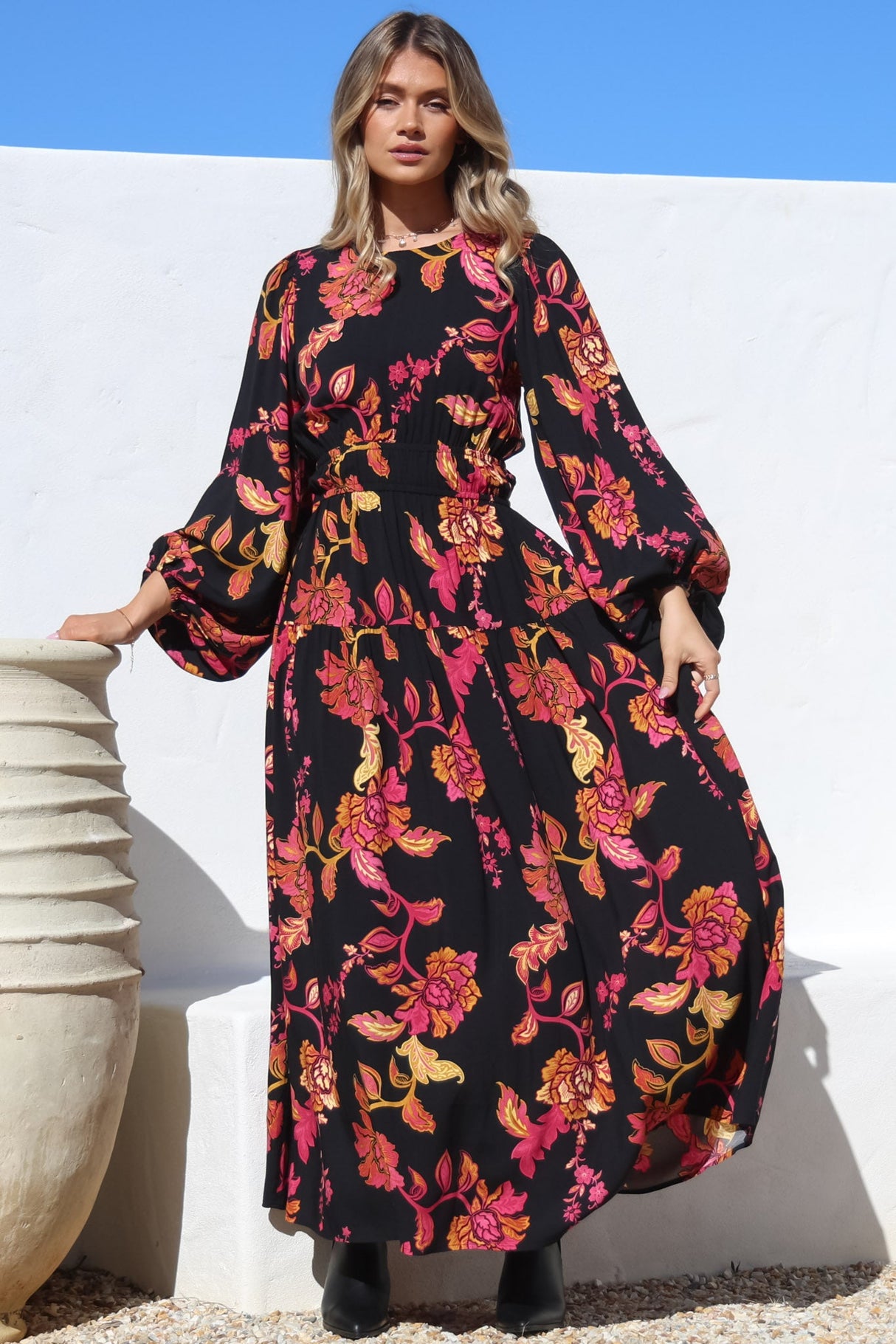 Sheyne Maxi Dress - Long Balloon Sleeve Elasticated Waist A Line Dress in Valerie Print