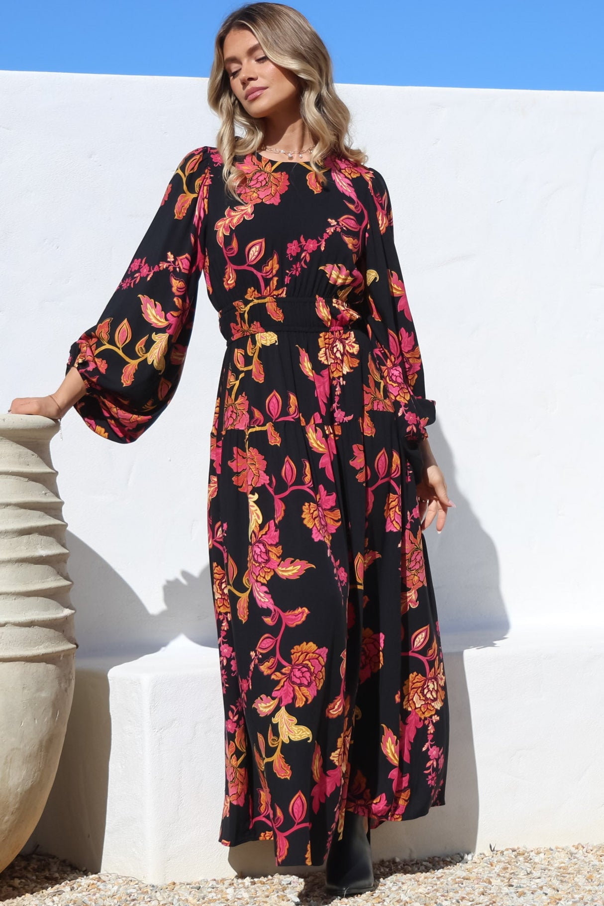 Sheyne Maxi Dress - Long Balloon Sleeve Elasticated Waist A Line Dress in Valerie Print