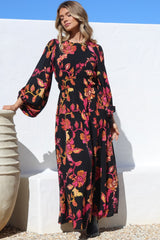 Sheyne Maxi Dress - Long Balloon Sleeve Elasticated Waist A Line Dress in Valerie Print