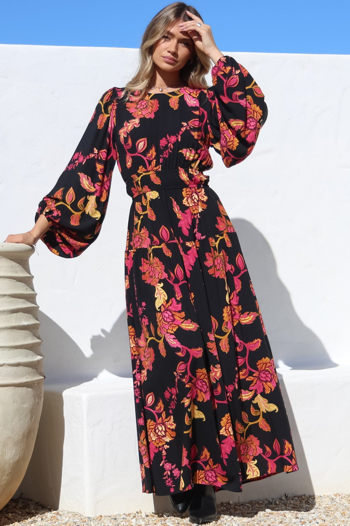 Sheyne Maxi Dress - Long Balloon Sleeve Elasticated Waist A Line Dress in Valerie Print