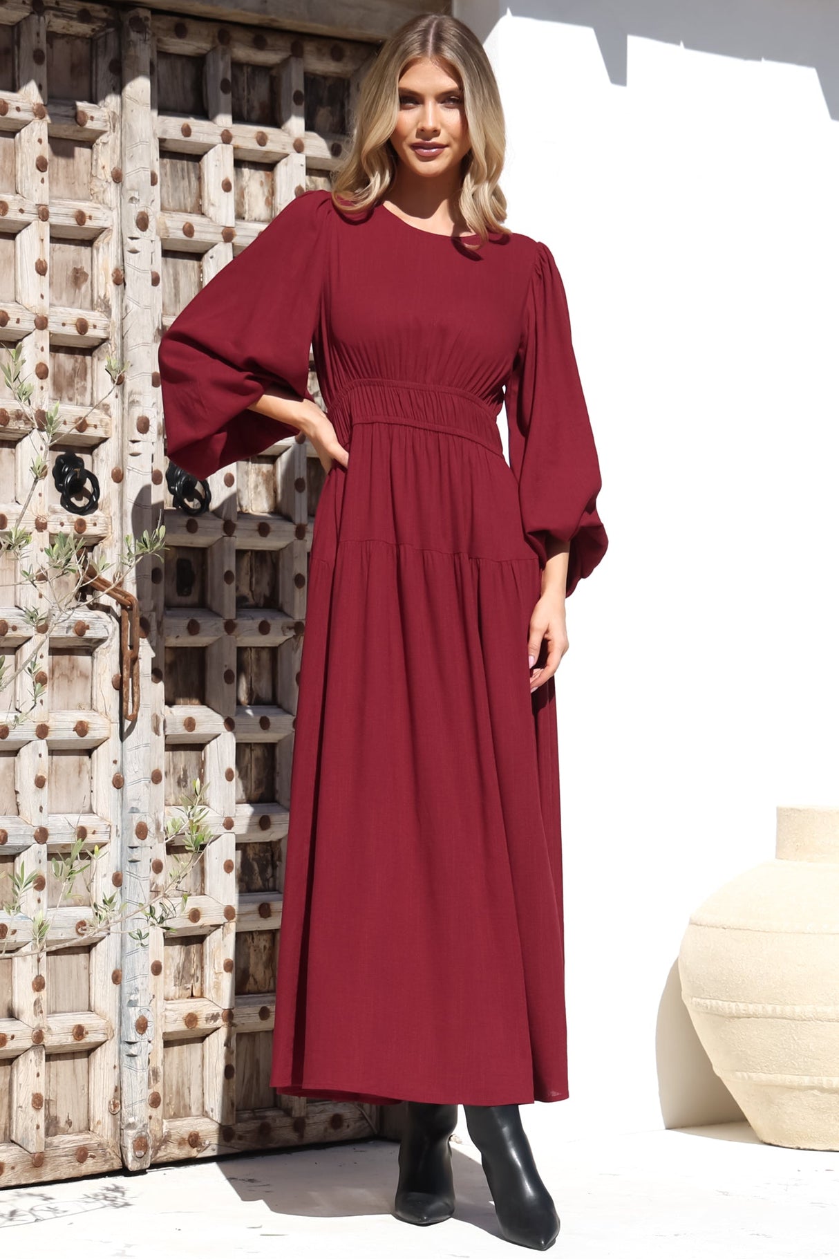 Sheyne Maxi Dress - Long Balloon Sleeve Elasticated Waist A Line Dress in Wine