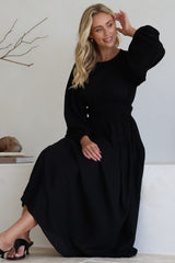 Sheyne Maxi Dress - Long Balloon Sleeve Elasicated Waist A Line Dress in Black