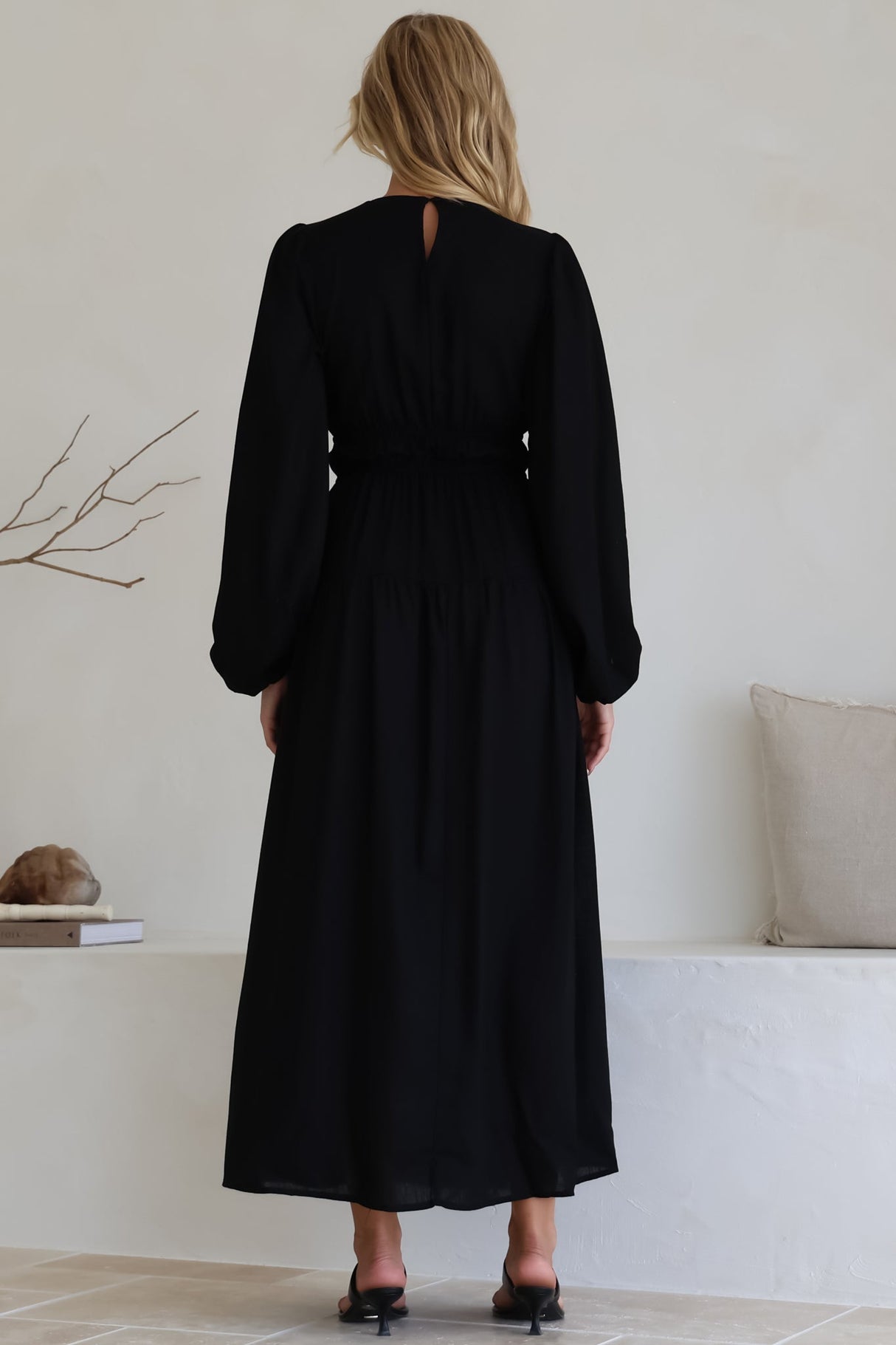 Sheyne Maxi Dress - Long Balloon Sleeve Elasicated Waist A Line Dress in Black