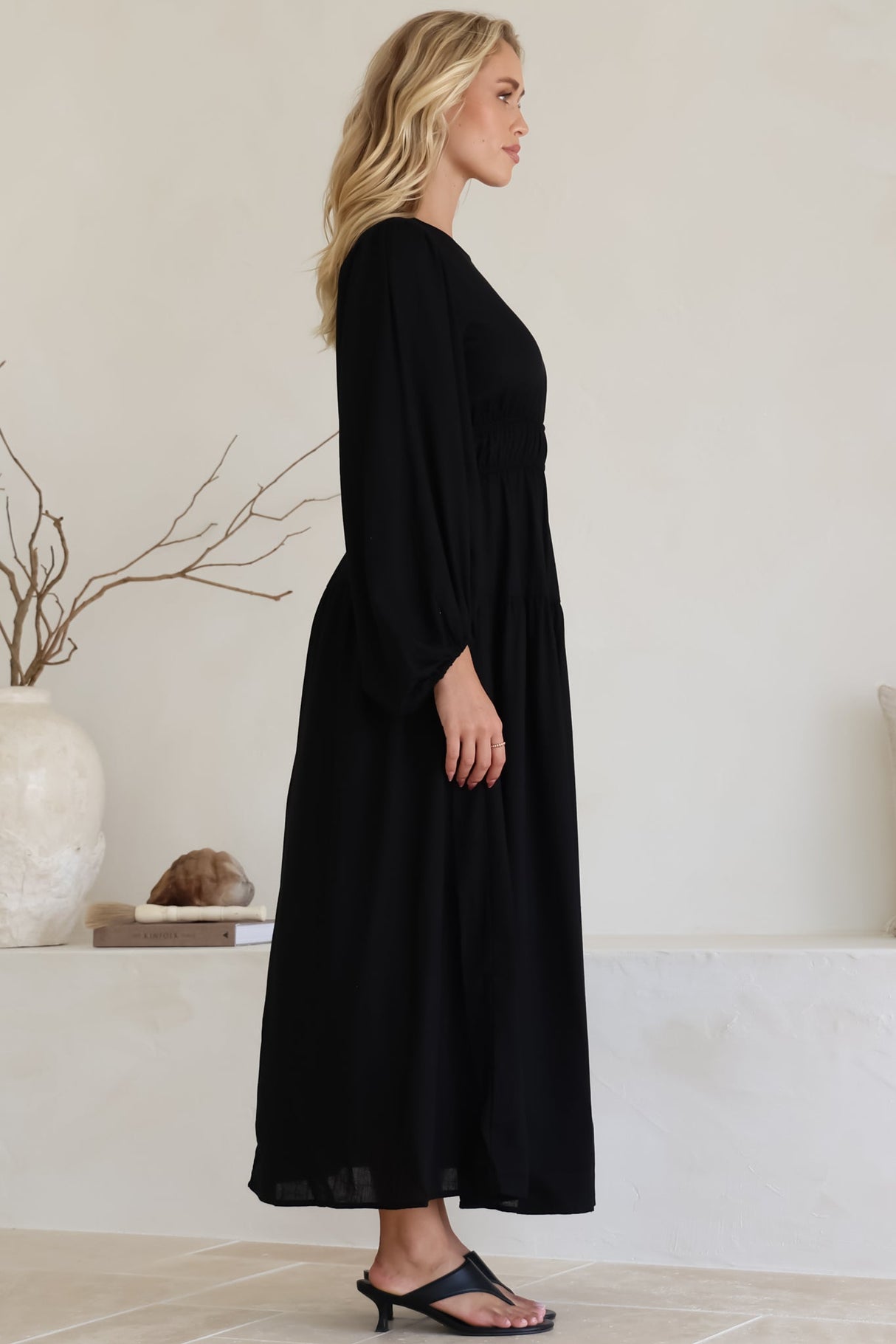 Sheyne Maxi Dress - Long Balloon Sleeve Elasicated Waist A Line Dress in Black