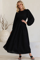 Sheyne Maxi Dress - Long Balloon Sleeve Elasicated Waist A Line Dress in Black