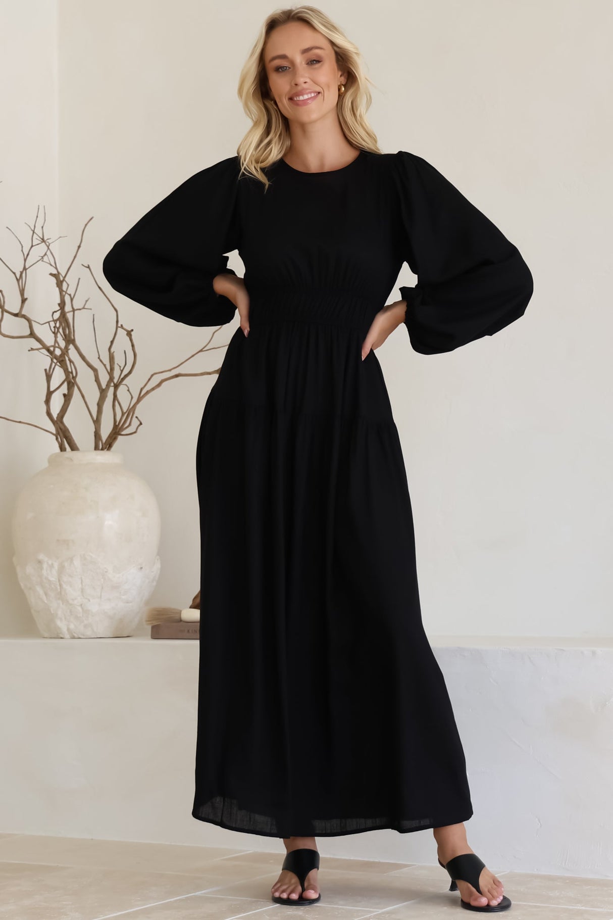 Sheyne Maxi Dress - Long Balloon Sleeve Elasicated Waist A Line Dress in Black