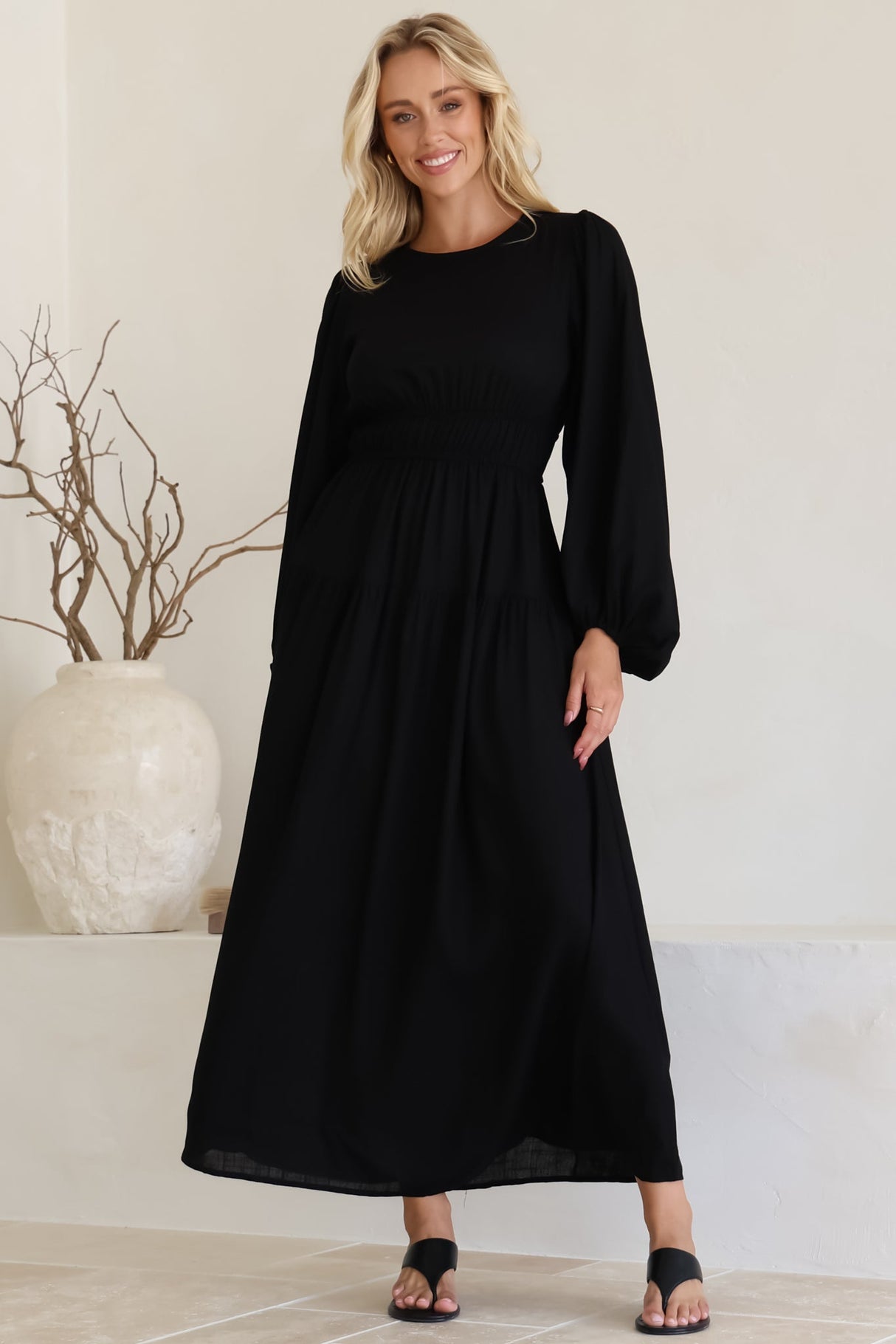 Sheyne Maxi Dress - Long Balloon Sleeve Elasicated Waist A Line Dress in Black